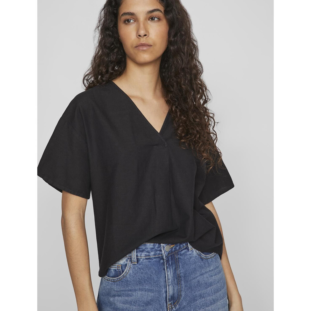 Blouse manches courtes, col V noir, VILA