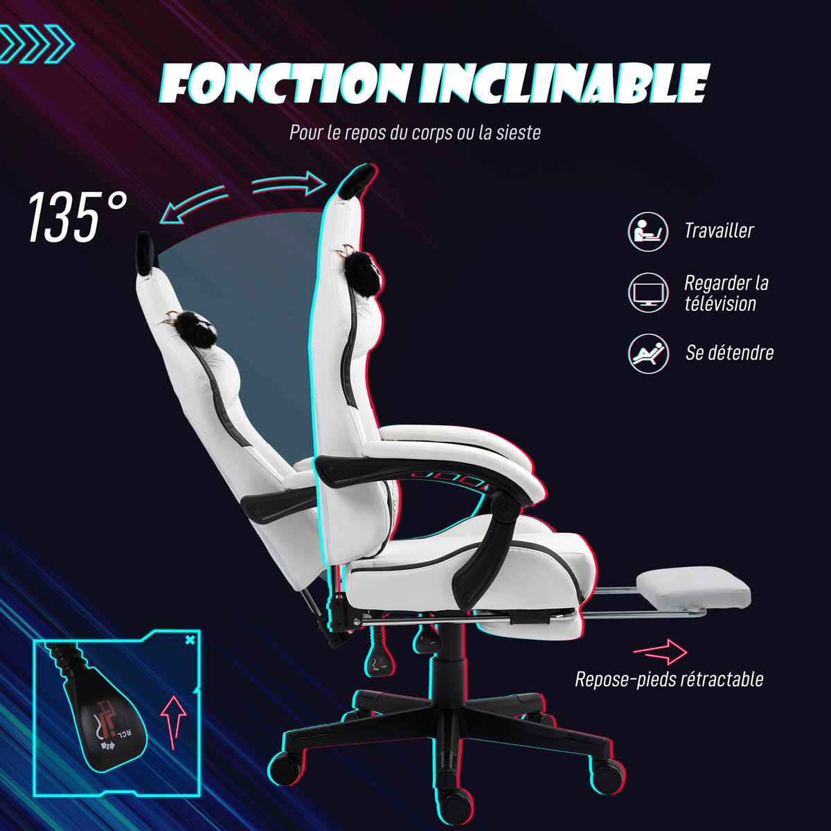 Fauteuil gaming Plastique Blanc blanc, noir, HOMCOM