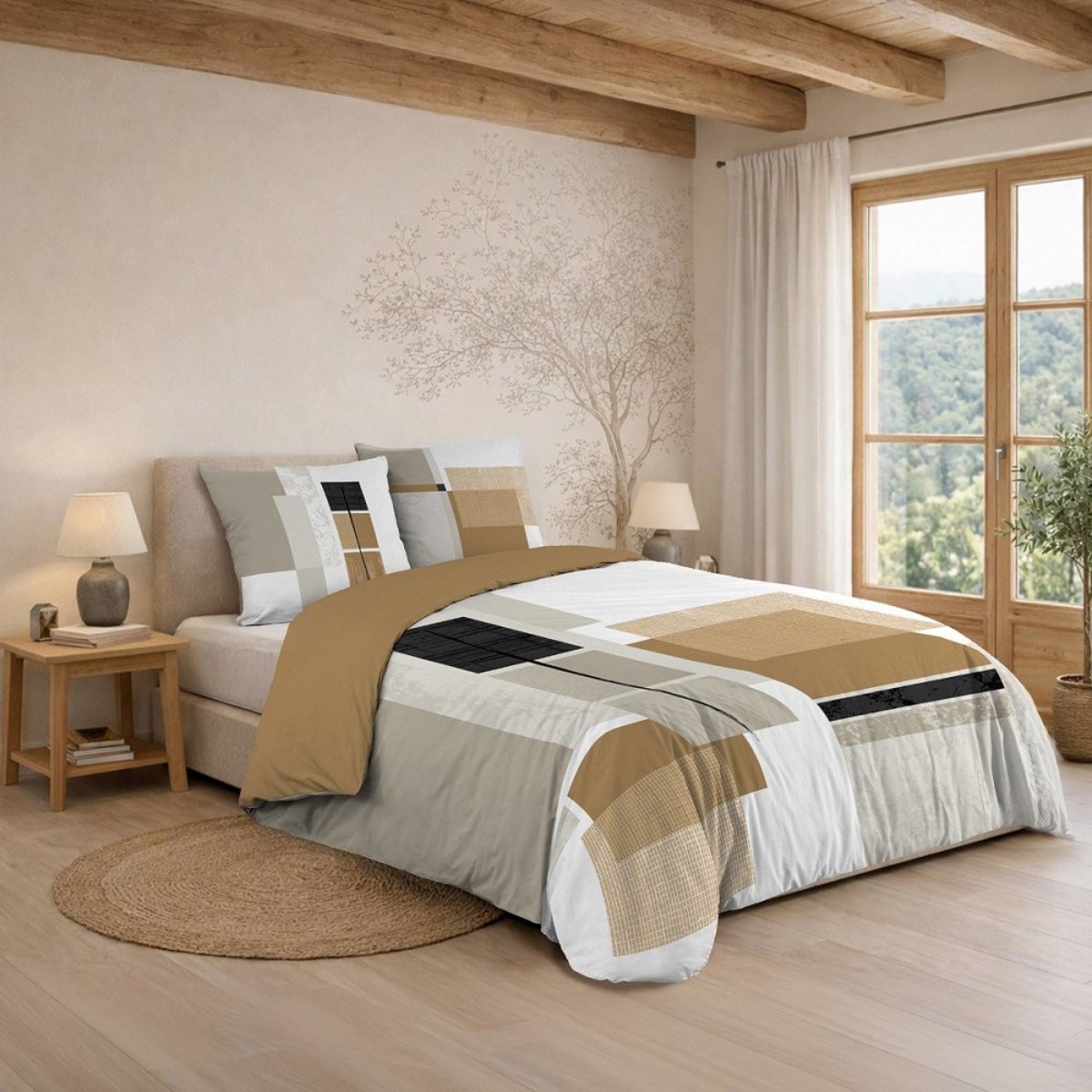 Housse de couette 100% coton finition pression + 2 taies d’oreiller multicolore, DECORATIE