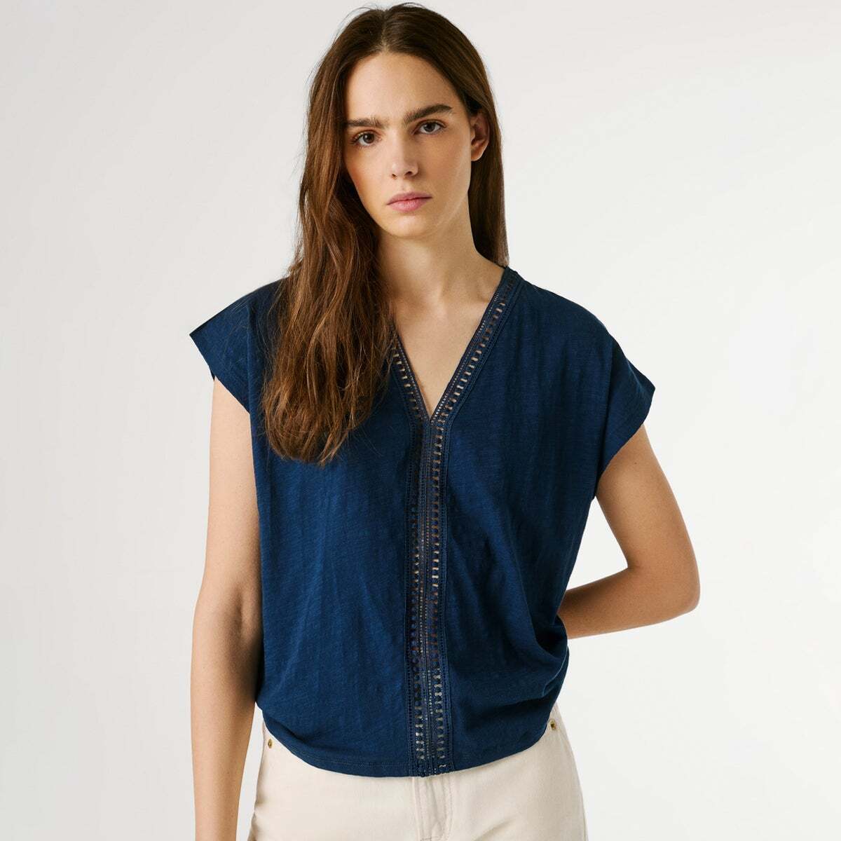 T-Shirt À Col V Avec Détails Ajourés bleu des profondeurs, PEPE JEANS