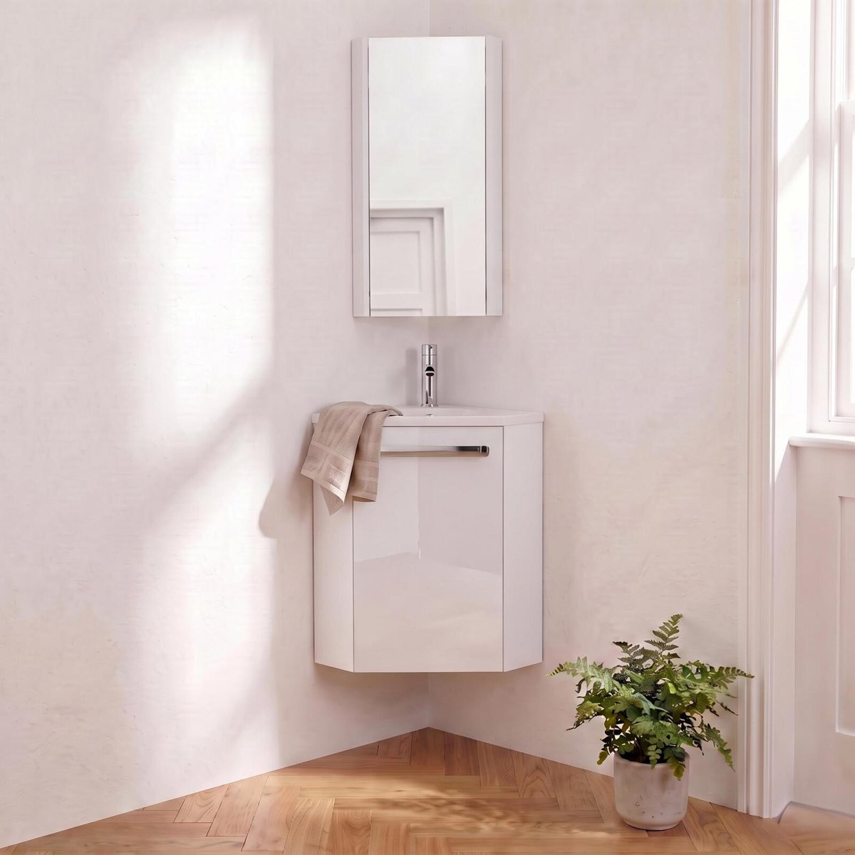 Ensemble lave-mains angle suspendu avec robinet et armoire d'angle SKINO blanc brillant, MOB IN