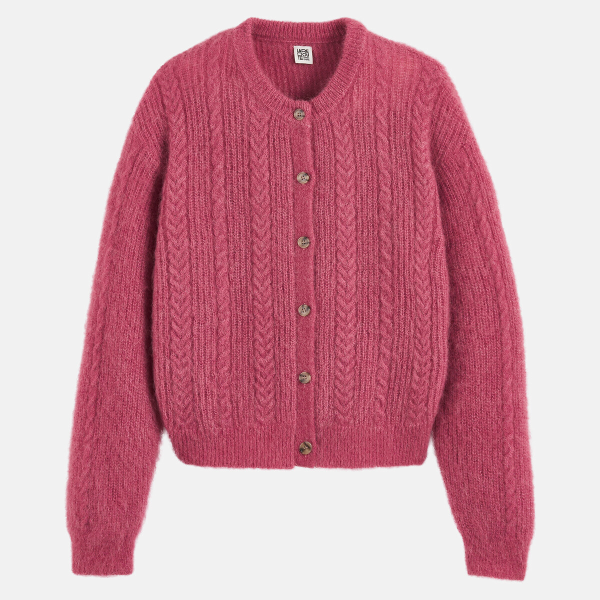 Cardigan col rond, torsadé, en alpaga mélangé rose, LA REDOUTE COLLECTIONS