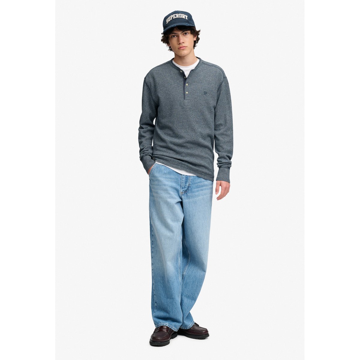Haut Col Grand-Père Gaufré Mini Slub Manches Longues denim blue marl, SUPERDRY