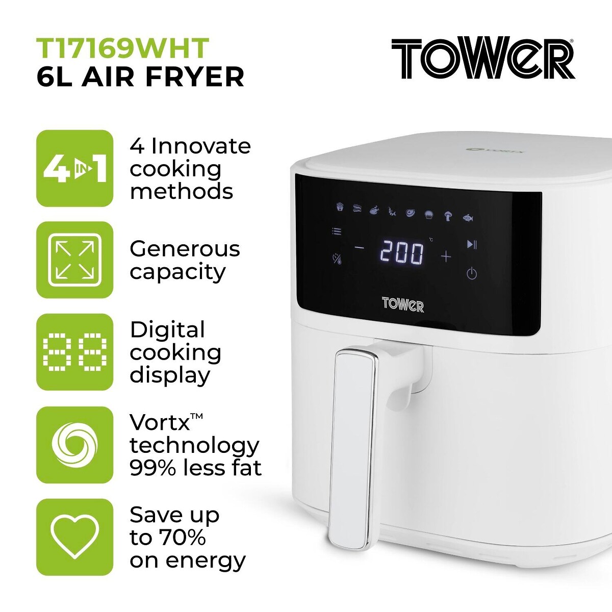 Vortx 6L Digital Air Fryer - T17169 white, TOWER
