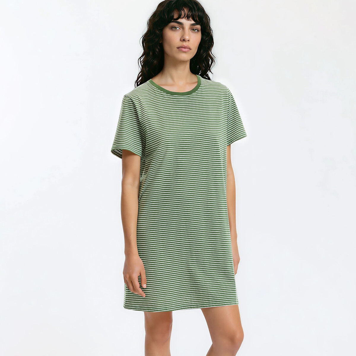 Chemise de nuit en jersey de coton, imprimée fines rayures rayé vert, LA REDOUTE COLLECTIONS