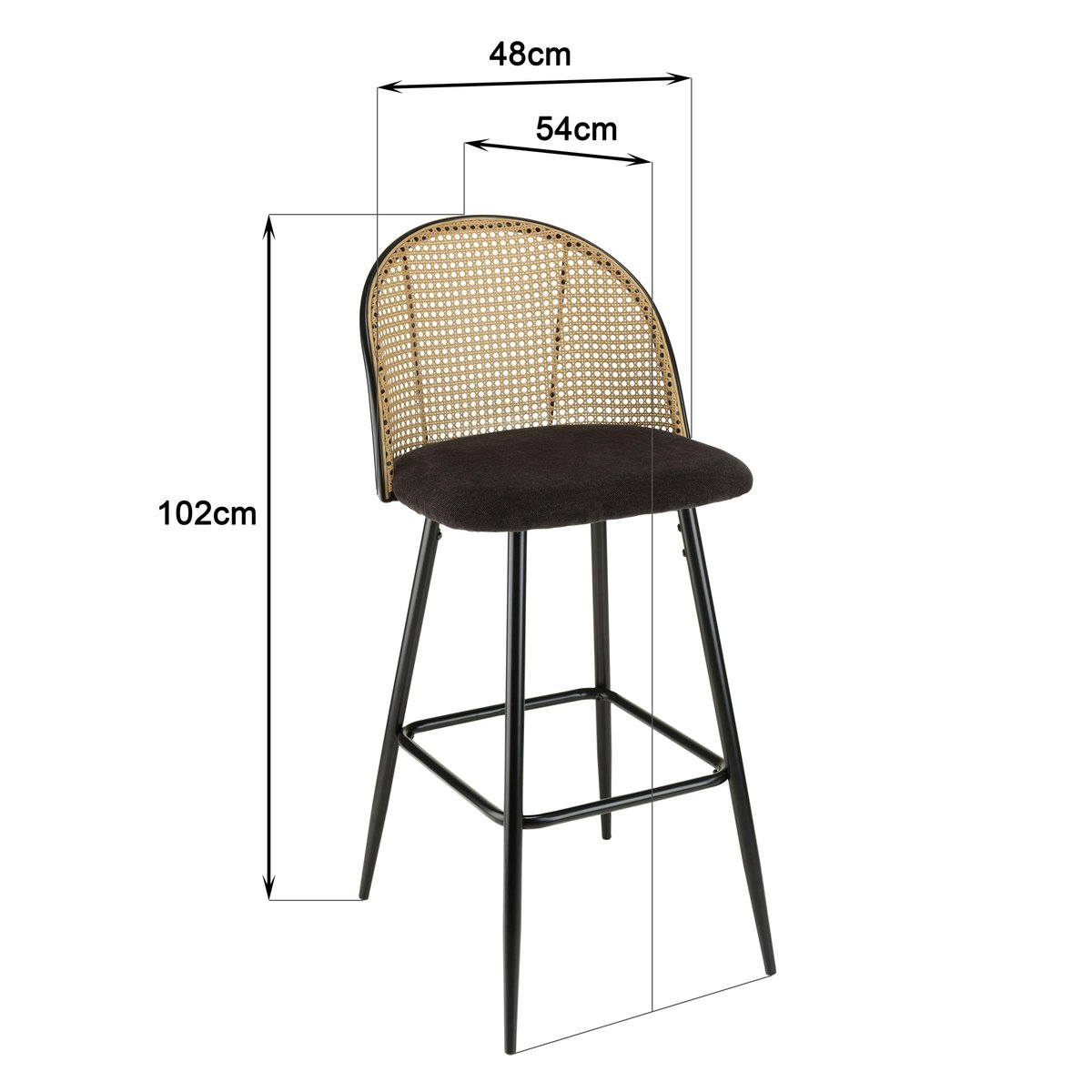 Chaise de bar assise velours noir dossier rotin arrondi (lot de 2) LOANO noir, PIER IMPORT