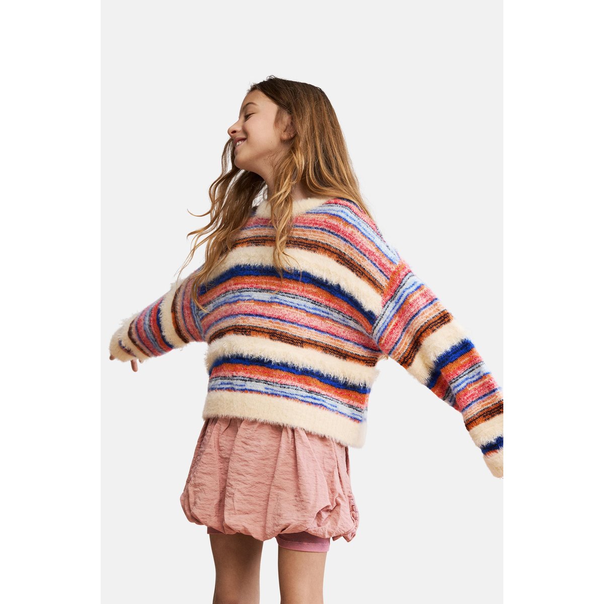 Pull court à rayures beige, DESIGUAL