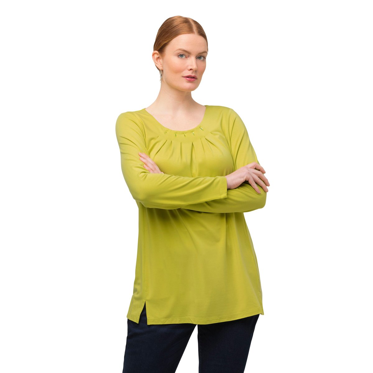 T-shirt, plis fantaisie, motifs, col rond pistache, ULLA POPKEN