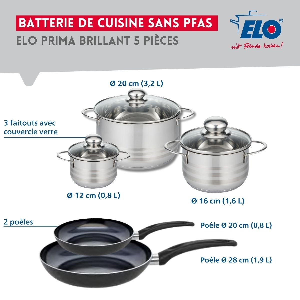 Batterie 2 poêles 20/28cm + 3 faitouts 12/16/20cm PRIMA BRILLANT noir, ELO