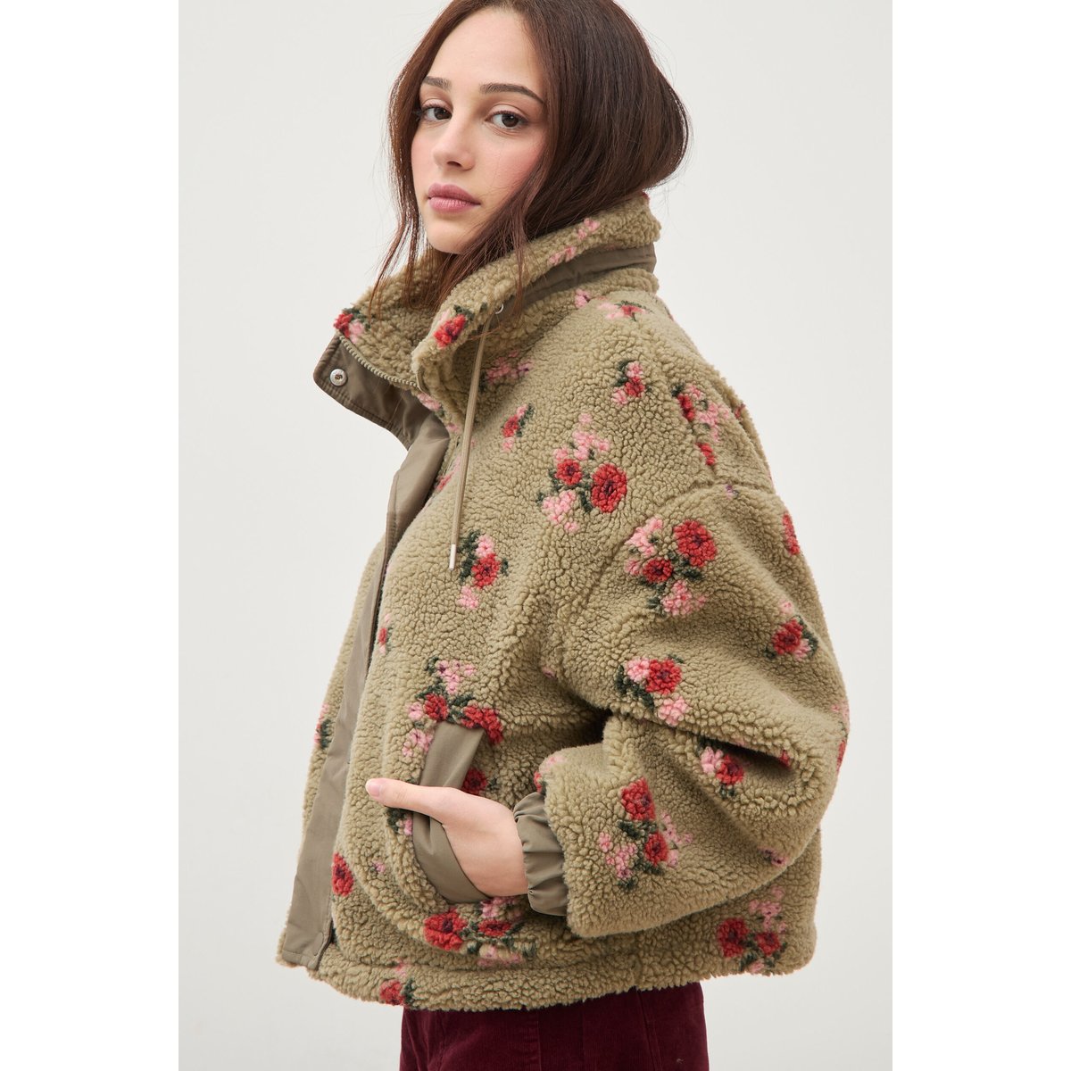 Blouson oversize sherpa col montant vert, BONOBO