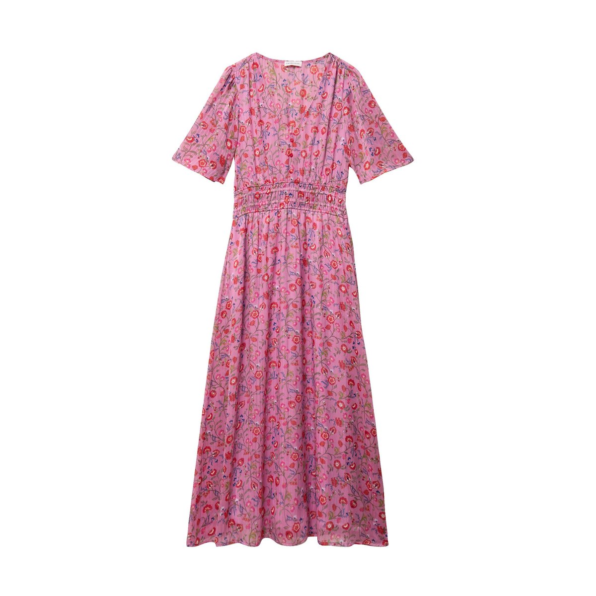 Robe longue évasée voile manches courtes rose, CACHE CACHE