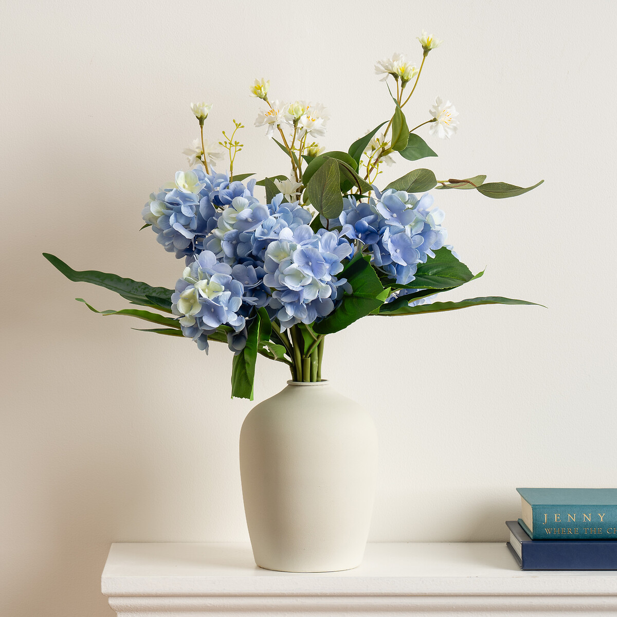 50cm Artificial Blue Hydrangea Bouquet in Off-White Vase white, SO'HOME