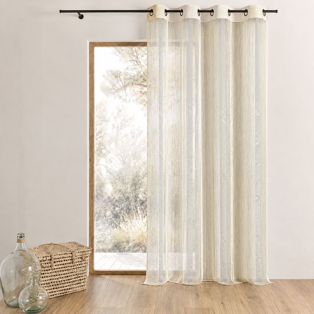Voilage organza à rayures verticales et parement gris clair, HOME MAISON
