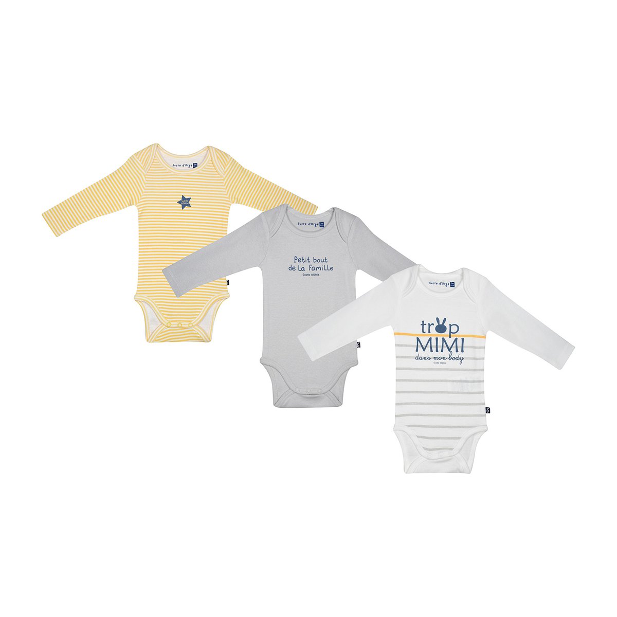 Lot de 3 bodies jacques manches longues bebe gris, SUCRE D'ORGE