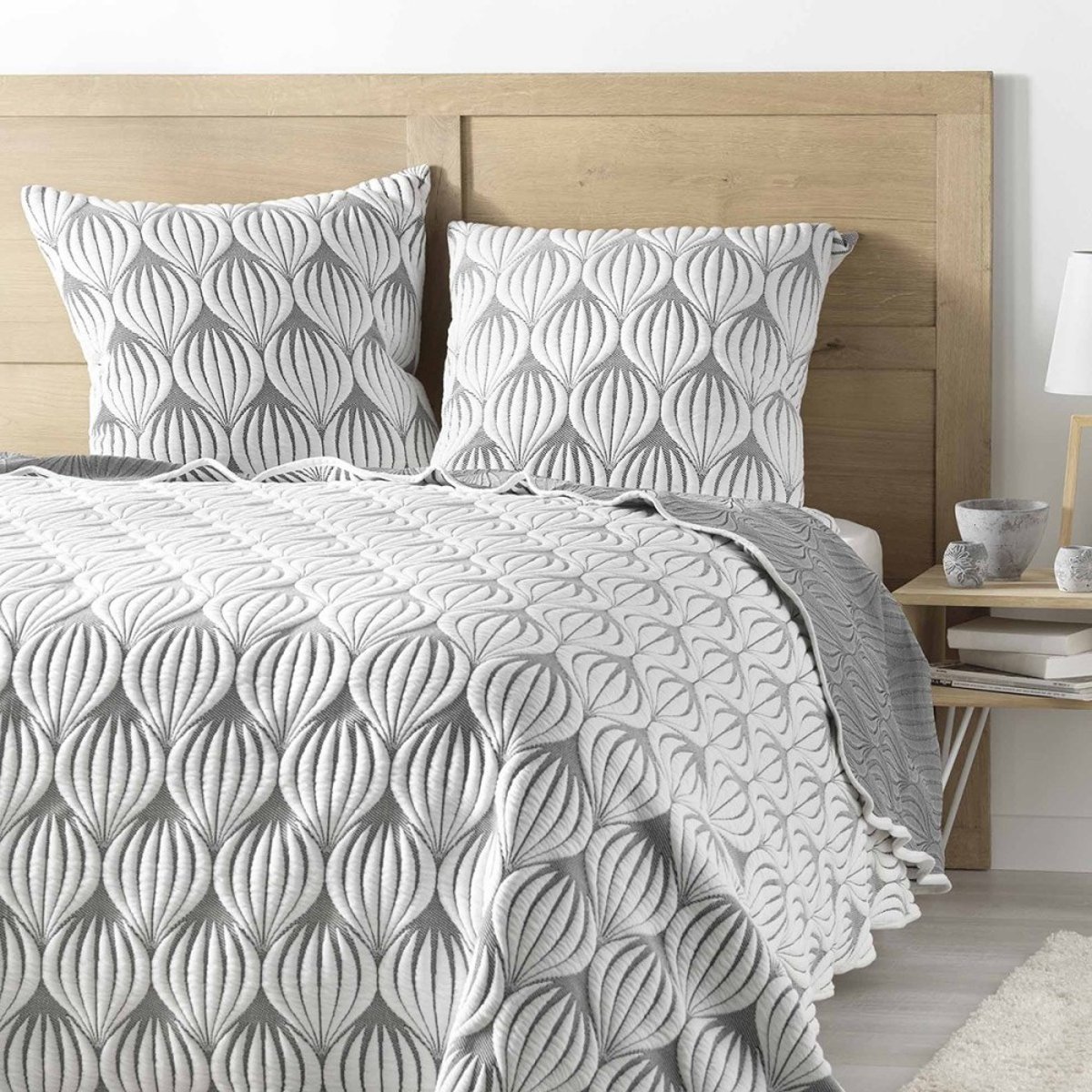 Couvre-lit 2 personnes matelassé 220x240 + taies jersey microfibre Faustine gris, DECORATIE