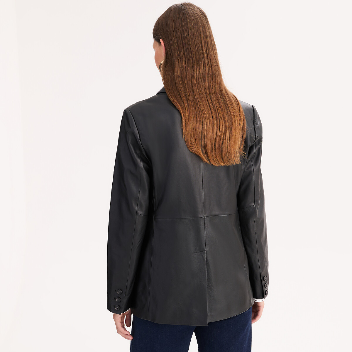Blazer coupe droite, en cuir d'agneau noir, ANNE WEYBURN