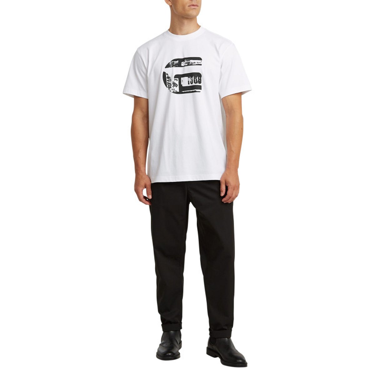 T-shirt en coton biologique bleu marine imprimé avec une coupe droite blanc, G-Star RAW