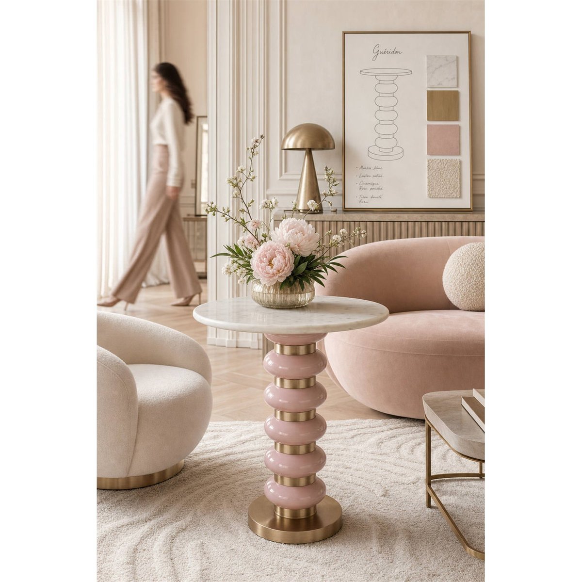 Table bout de canapé en marbre rose, blanc marbré et doré, RECOLLECTION