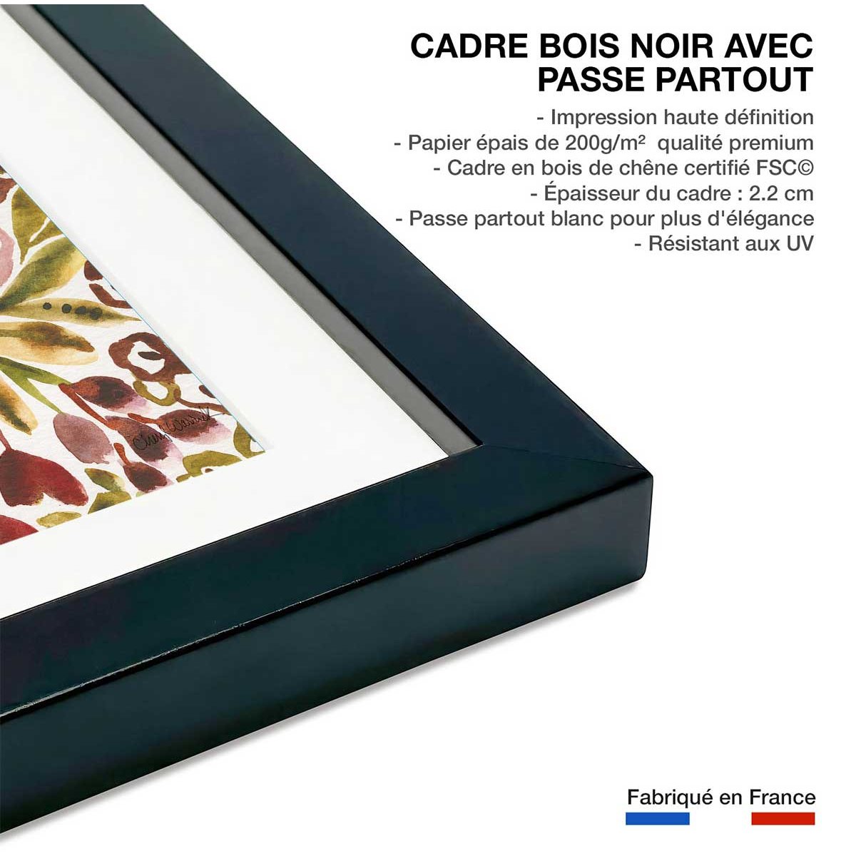 Poster roses envoutantes affiche + cadre en bois - noir, HEXOA