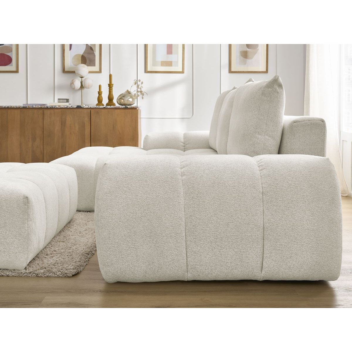 Canapé d'angle convertible 4 places en tissu chiné avec pouf, EVEREST blanc, BOBOCHIC