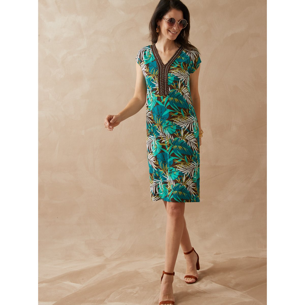 Robe avec perles fantaisie en maille imprimé turquoise, DAXON