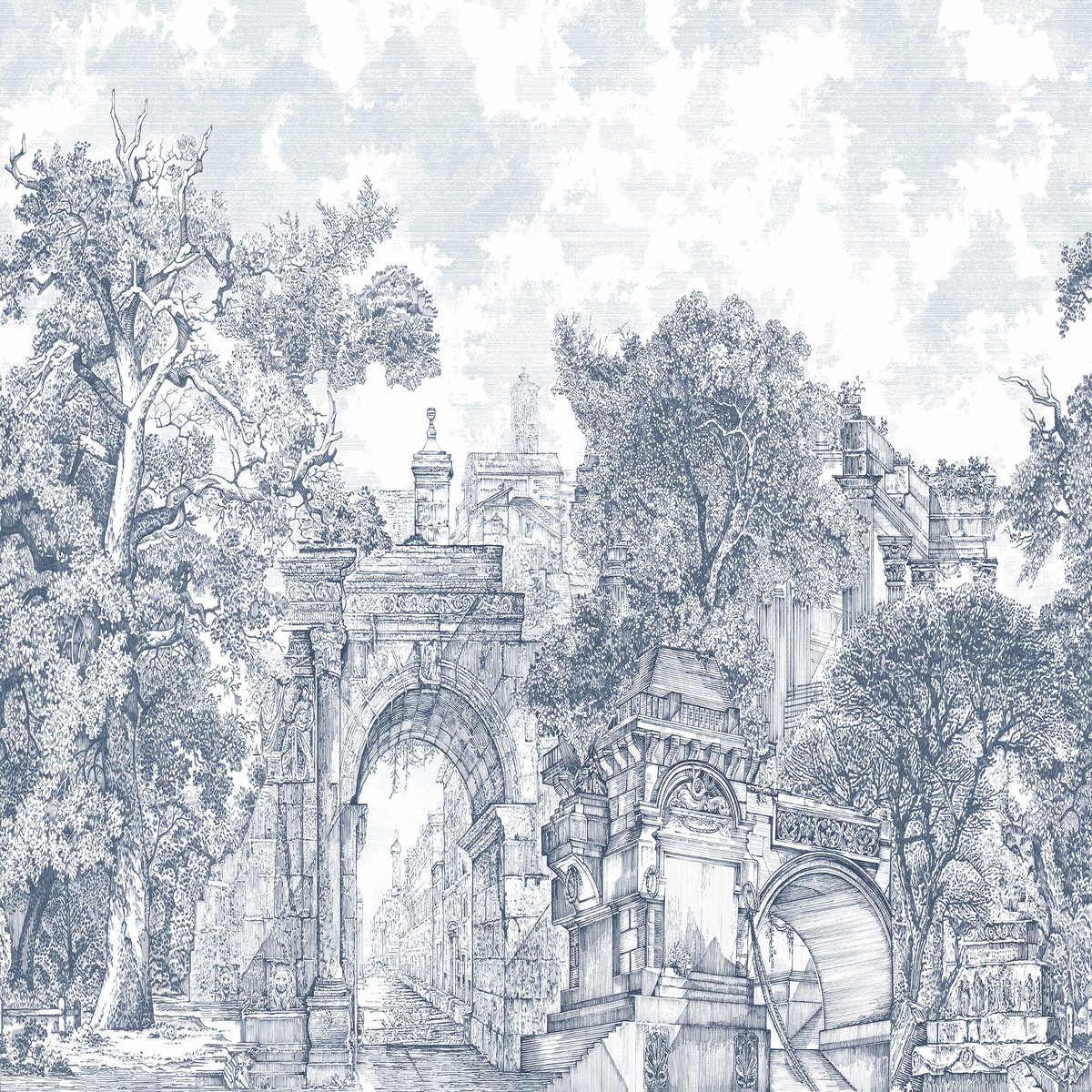 Papier peint panoramique XXL Architecture dans la brume bleu denim, GRAHAM ET BROWN