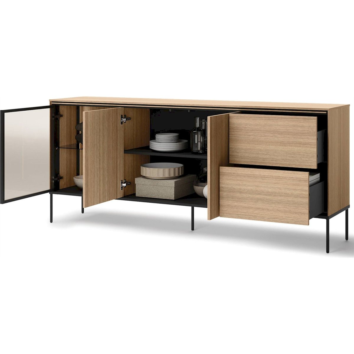 Buffet 3 portes vitrine éclairage LED chêne linéaire et noir, RECOLLECTION