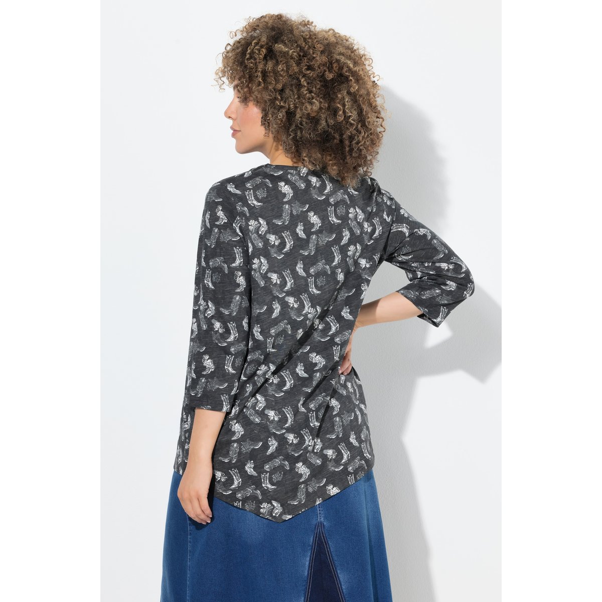 T-shirt à fleurs, plis fantaisie noir, ULLA POPKEN