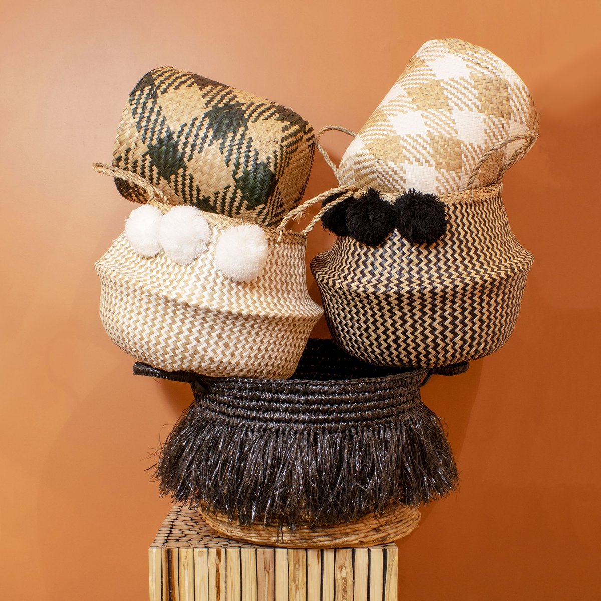Panier en abaca avec franges, ZALO noir, NOW'S HOME