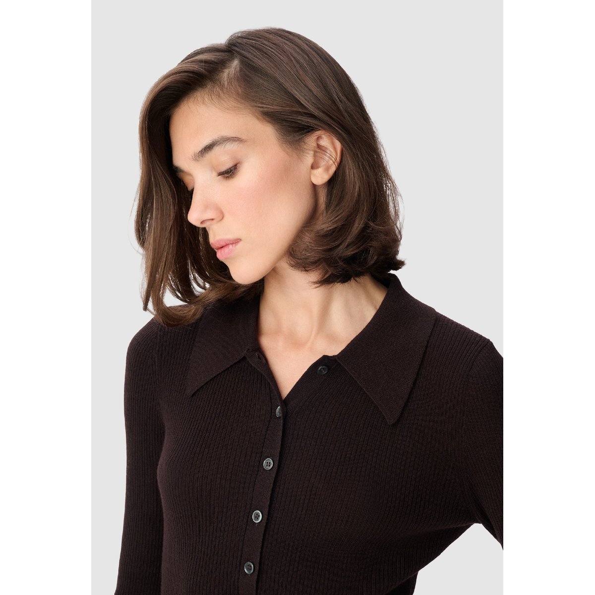 Pull tricot côtelé col polo boutonné marron foncé, IKKS