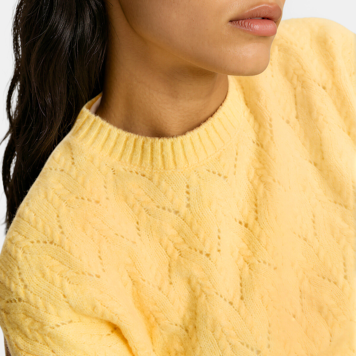Trui met ronde hals, in ajourtricot geel   , LA REDOUTE COLLECTIONS
