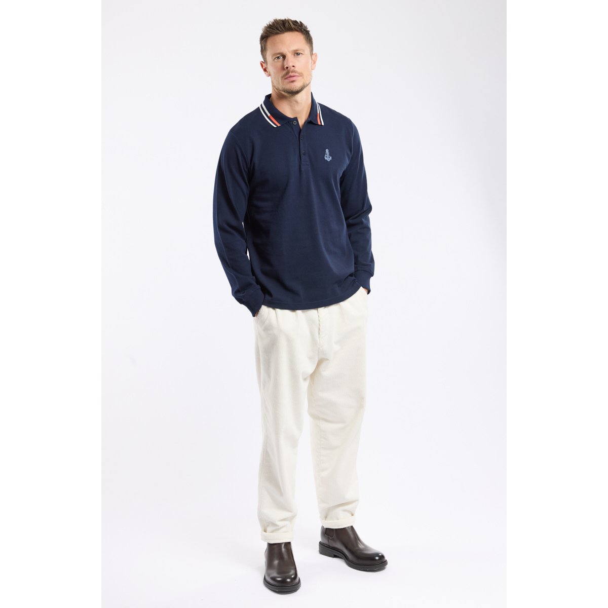 Polo manches longues en coton marine deep, ARMOR-LUX