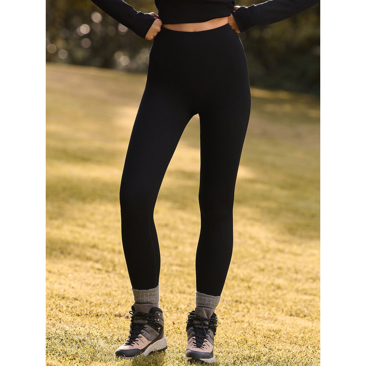 Legging côtelé effet brossé noir, NEXT