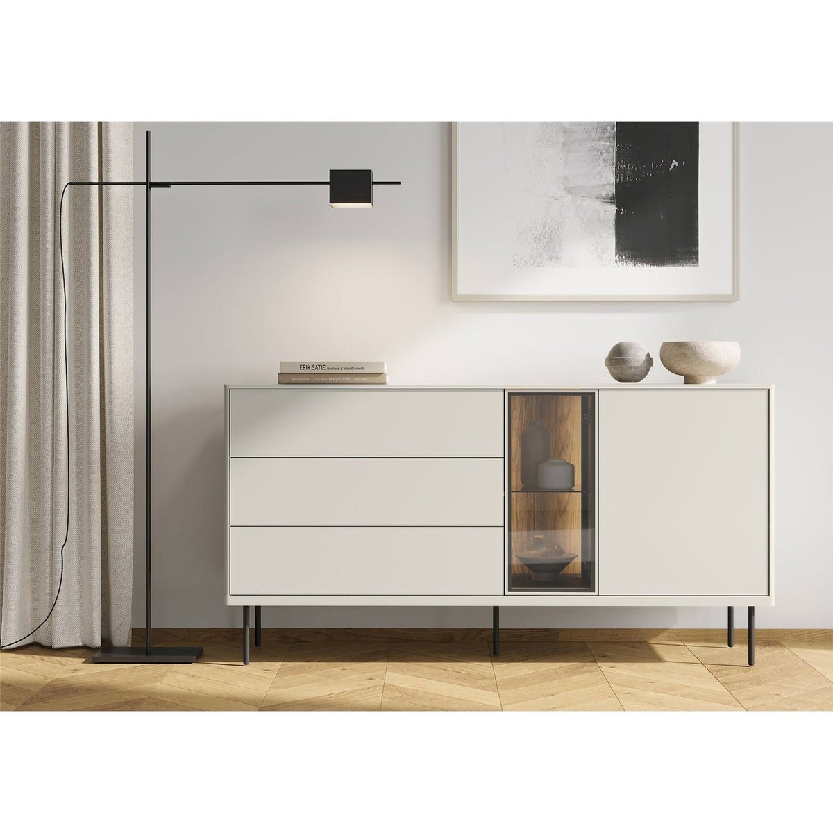 Buffet vitrine 2 portes 3 tiroirs EPIRO beige grisé et chêne foncé, RECOLLECTION