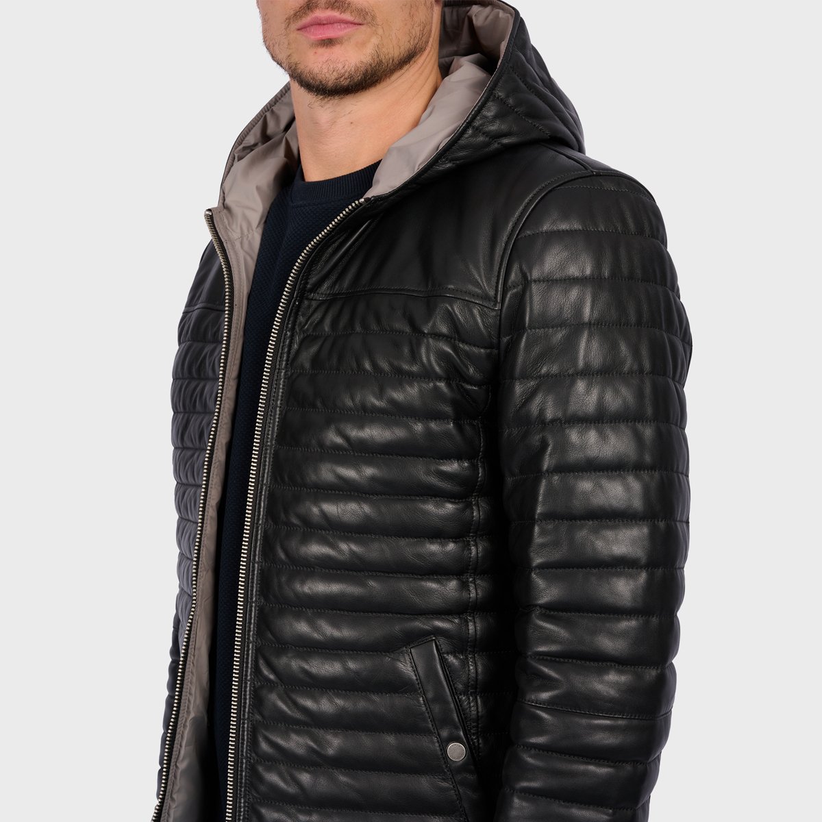 Doudoune en cuir avec capuche AURELIEN3 noir, OAKWOOD