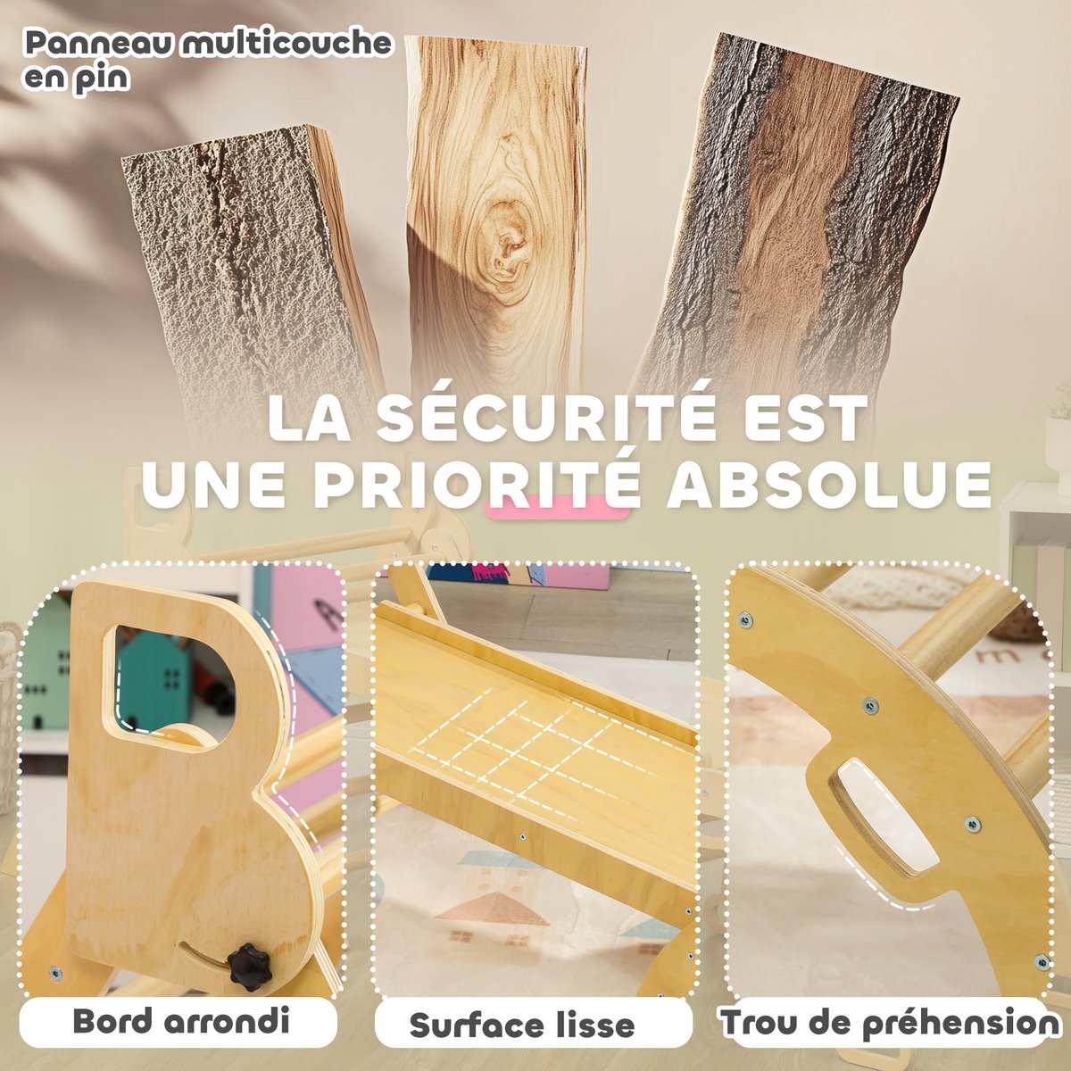 Parcours d'escalade pour enfants Panneau bois naturel, AIYAPLAY
