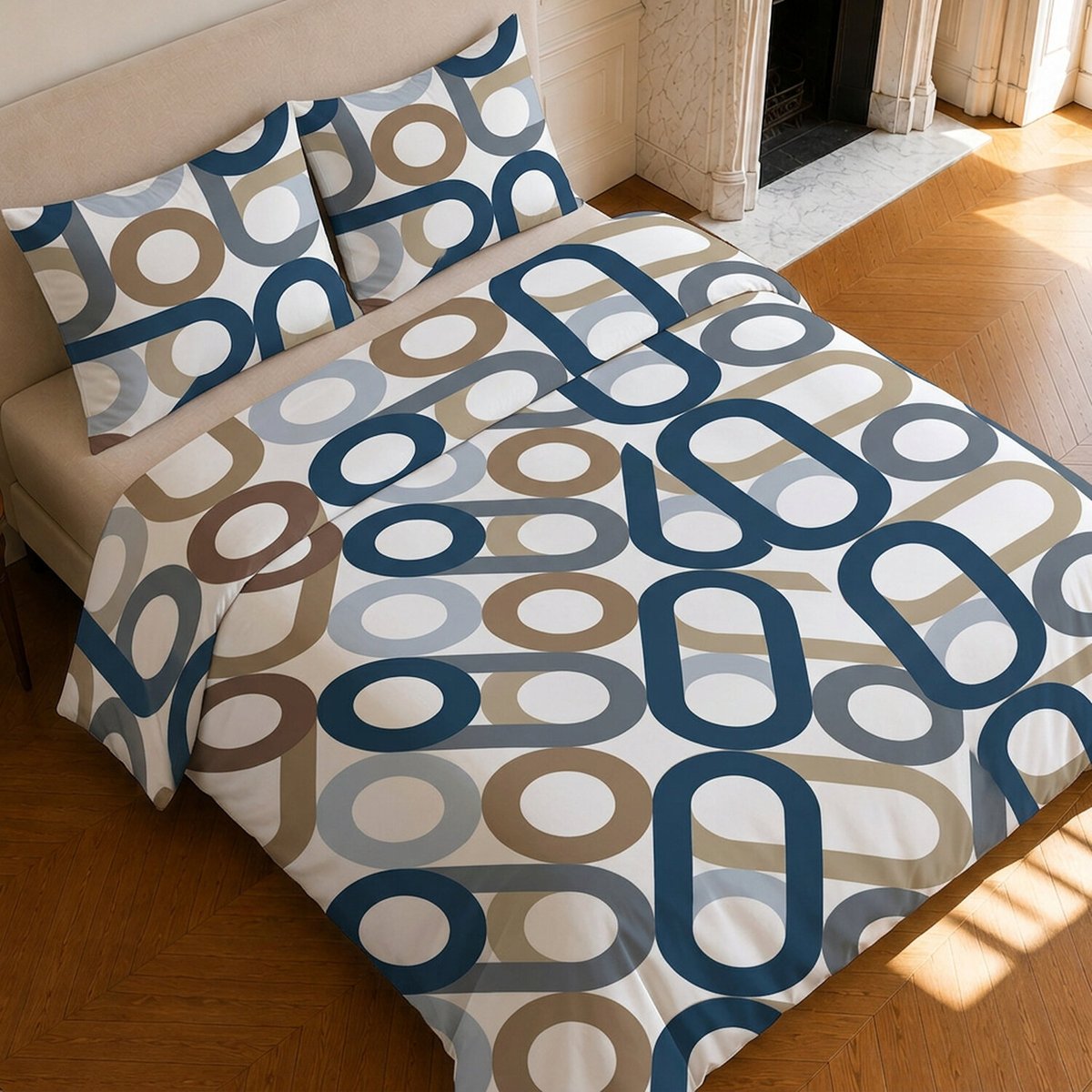 Parure de lit en coton motif géométrique, DAIKO bleu, C DESIGN HOME TEXTILE