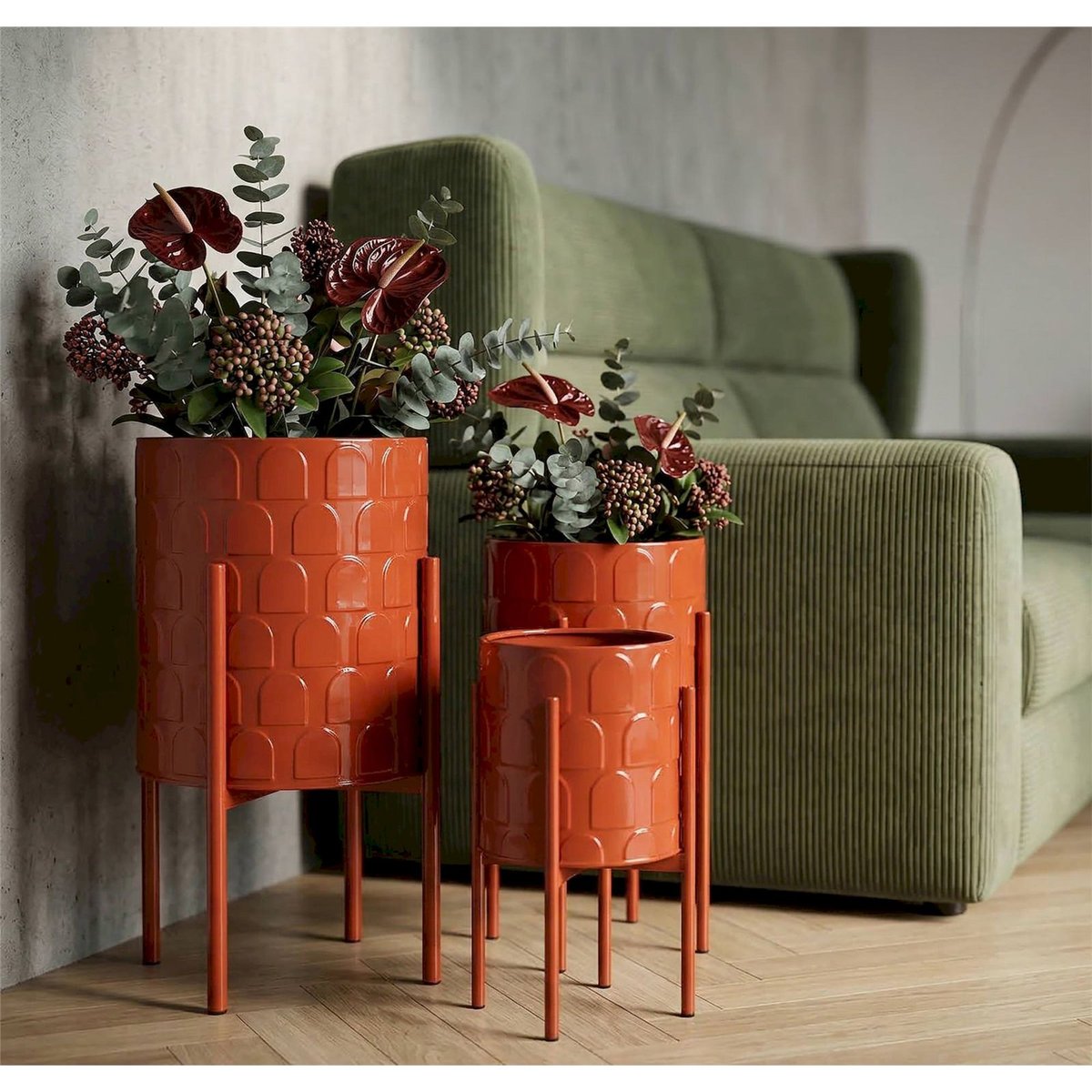 Cache-pots en fer motif arches sur pieds lot de 3 rouge brillant, RECOLLECTION
