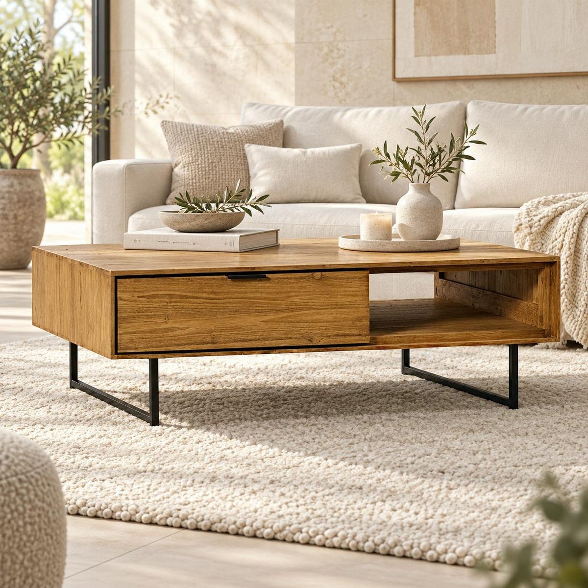 Table basse avec rangement en bois de teck recyclé DEPOK bois naturel, PIER IMPORT