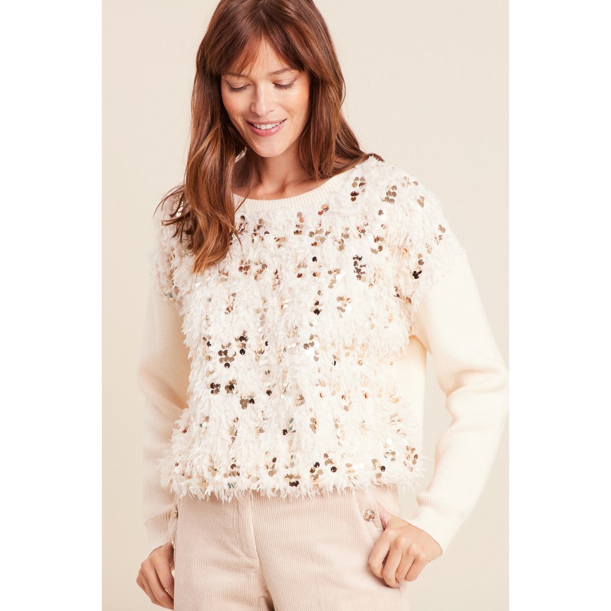 Pull col rond manches longues doublé ecru, BREAL