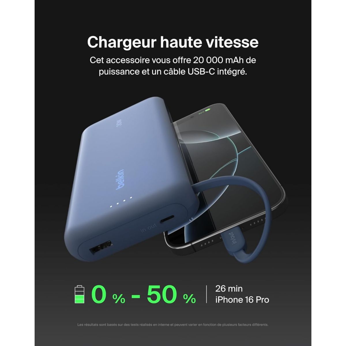 Batterie externe 20000 mAh avec cable USB-C intégre bleu couleur unique, BELKIN