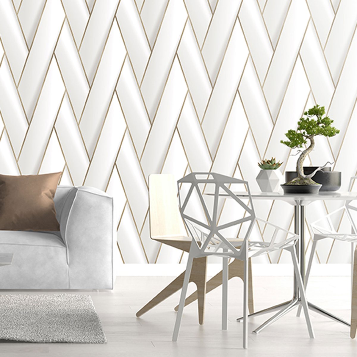 Papier peint géométrique art doré blanc, HEXOA