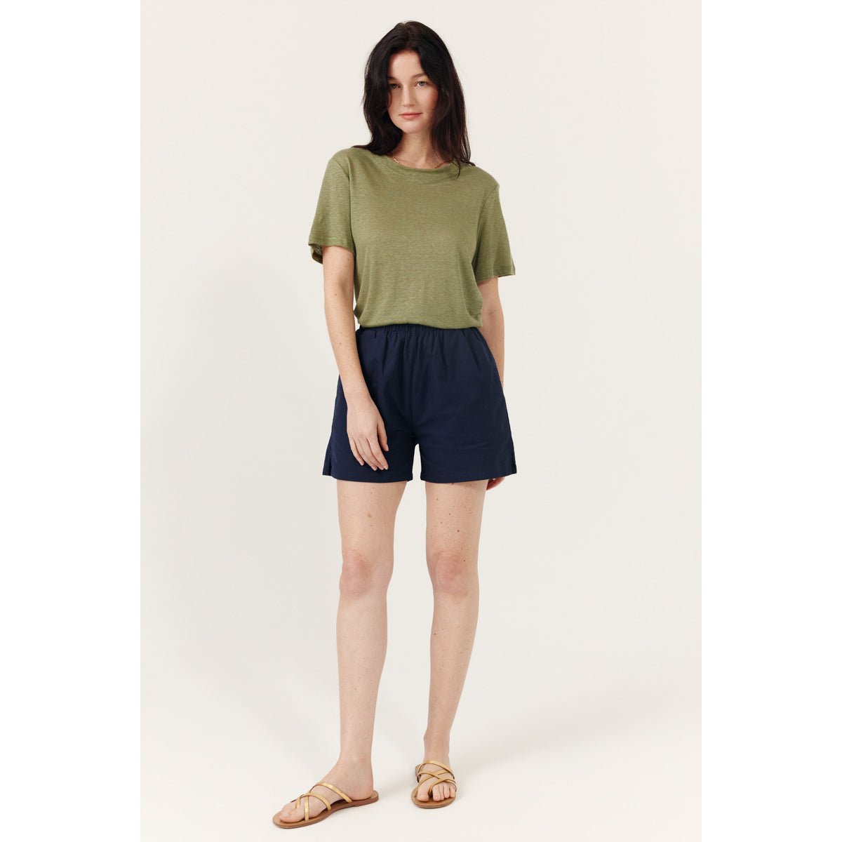 T-shirt à manches courtes col rond coupe droite en lin LYSENE khaki, ARTLOVE
