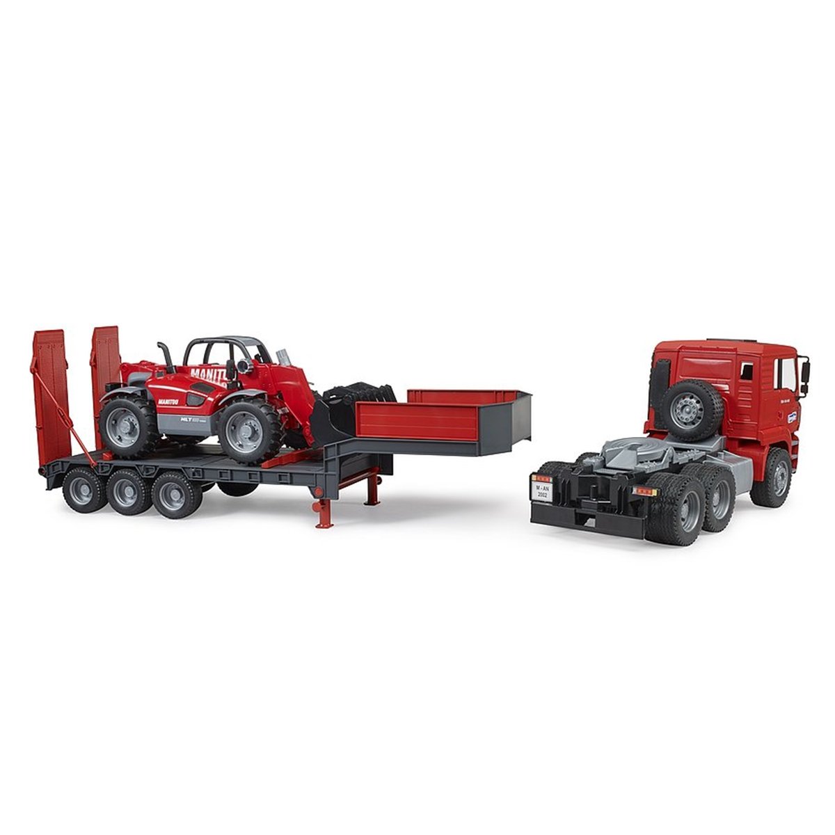 Camion surbaissé MAN TGA avec chargeur télescopique Manitou rouge, BRUDER