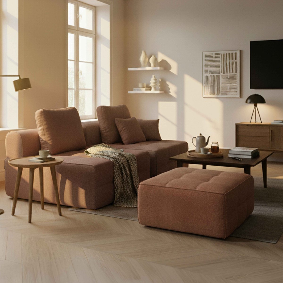 Fauteuil pour canapé modulable assise profonde en tissu avec coussins, SNUGGY terracotta, OVIALA