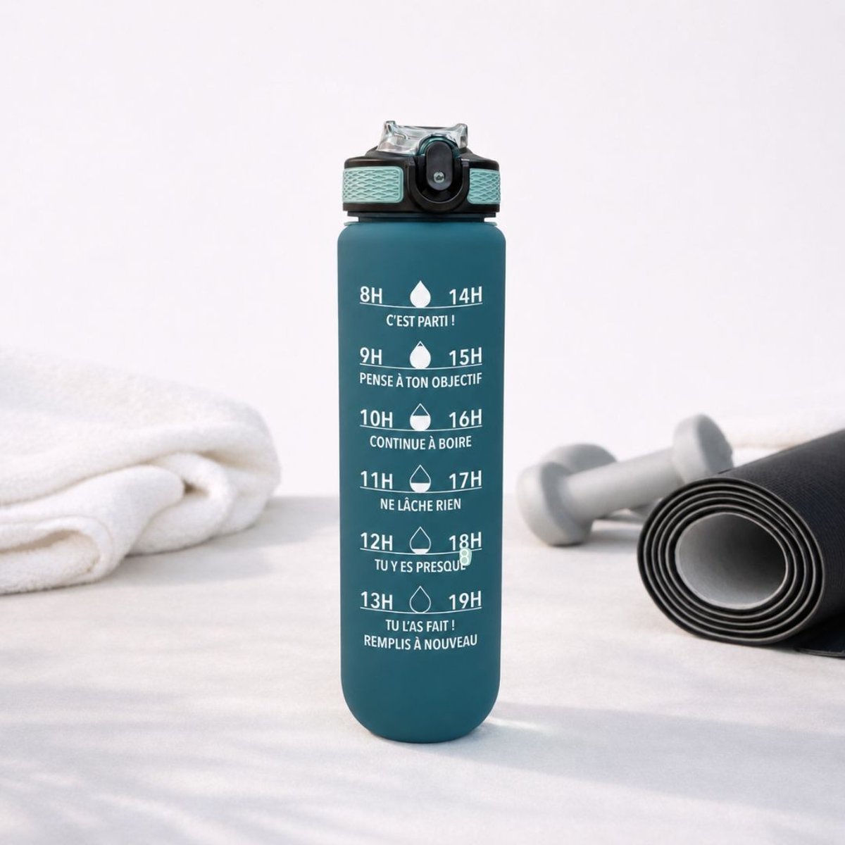 Gourde de motivation hydratation bleu vert, ARTIME
