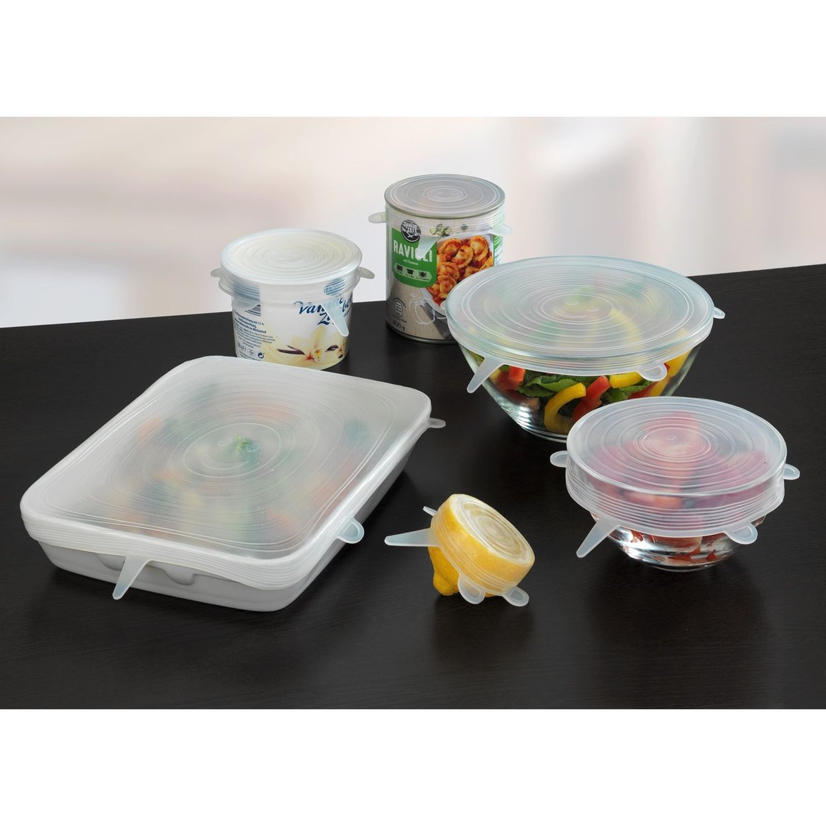 Ensemble de 6 couvres-pots extensibles en silicone STRETCH blanc, WENKO