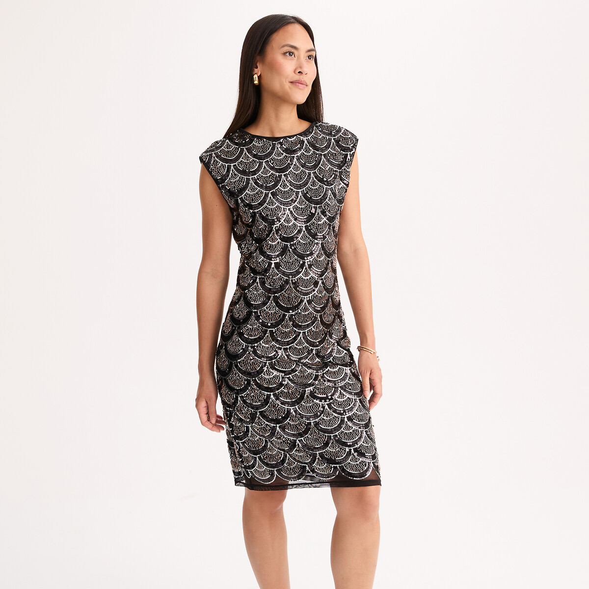Vestido direito, sem mangas, com lantejoulas, até ao joelho preto/dourado, ANNE WEYBURN
