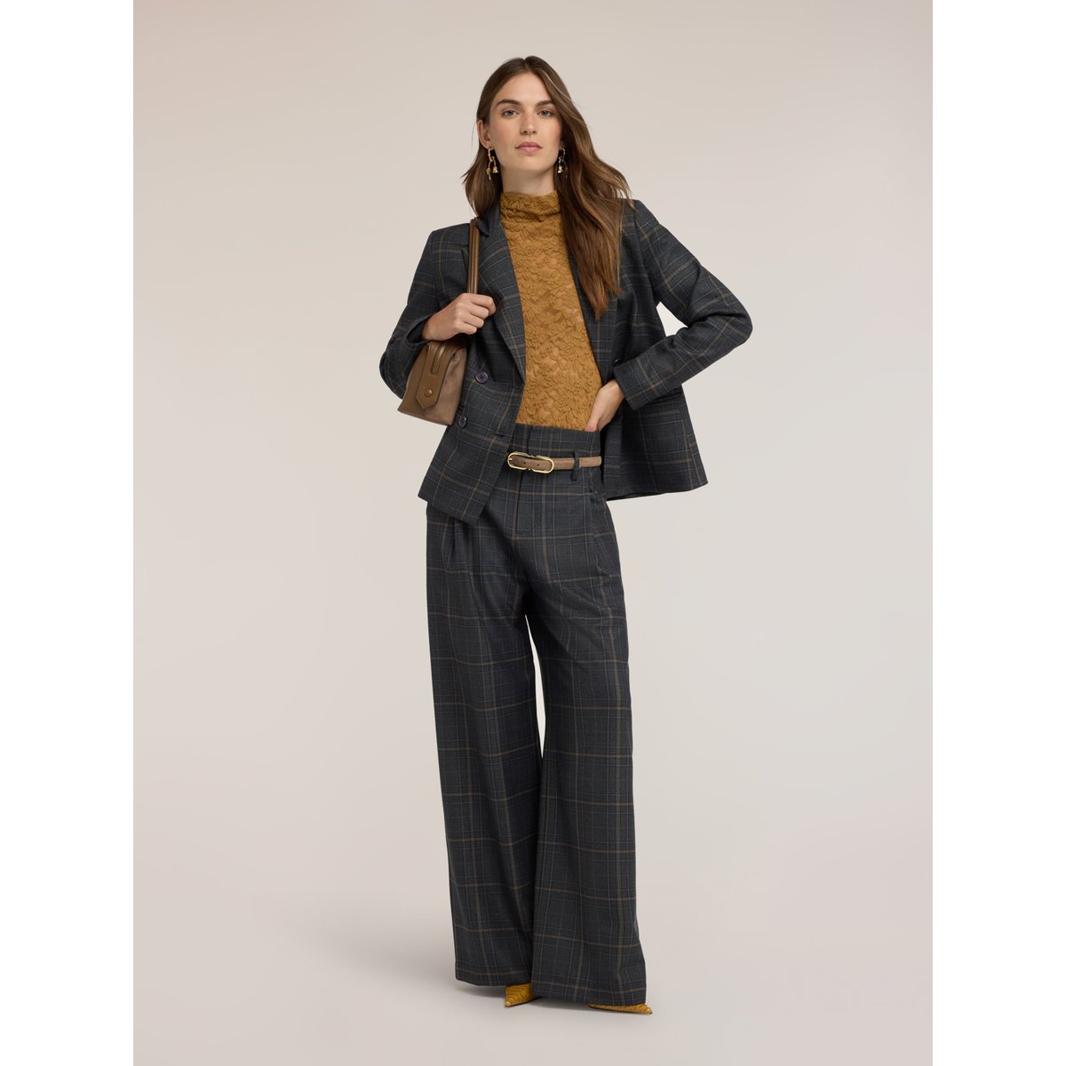 Pantalon palazzo taille haute à motif carreaux gris, MOTIVI