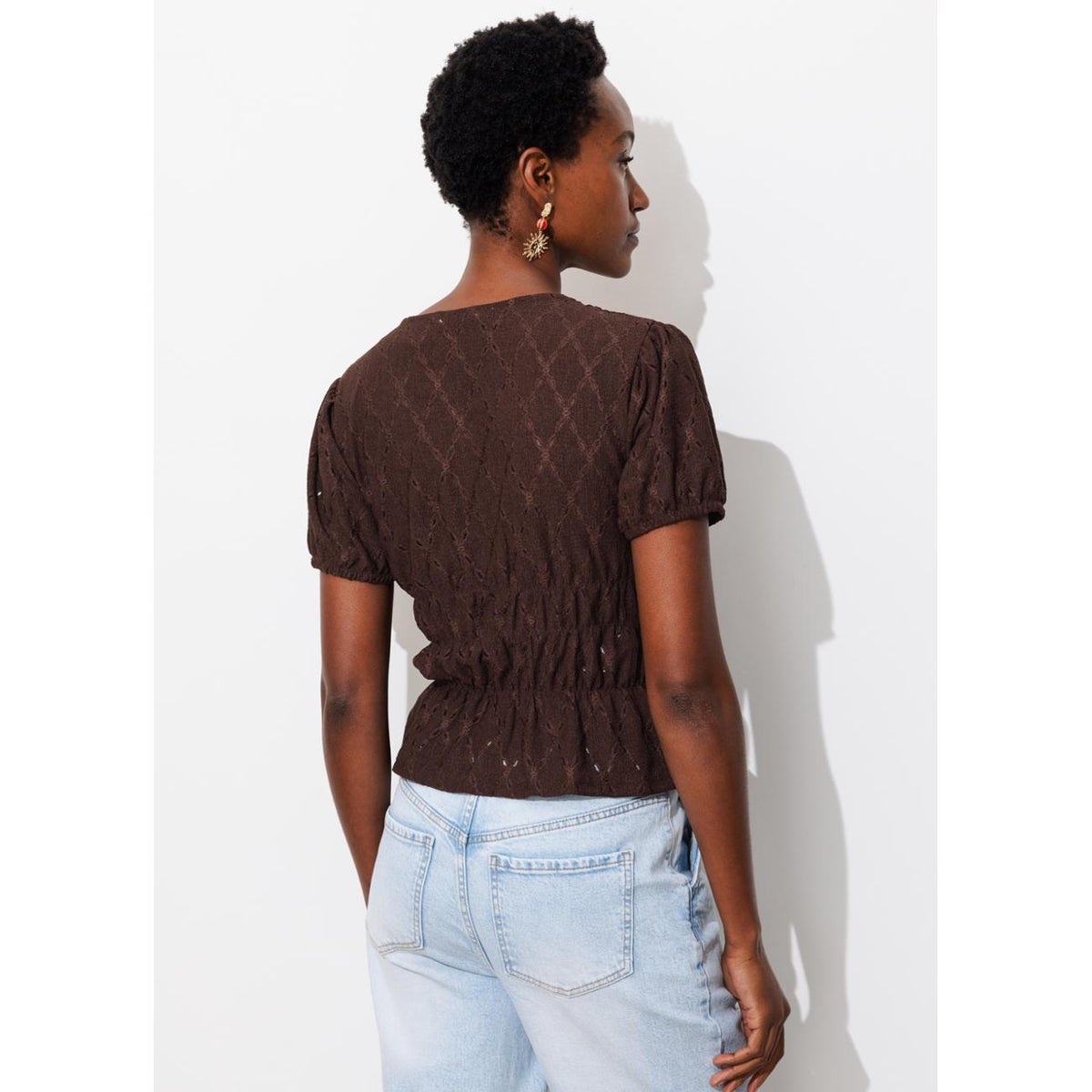 T-shirt smocké ajouré marron, PROMOD